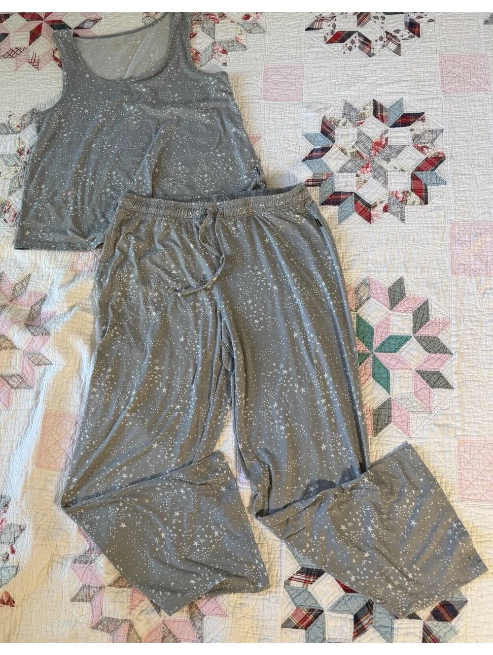Eddie Bauer Grey Constellation Stars Pajama Set Tank & Pants Buttery Soft XL EUC